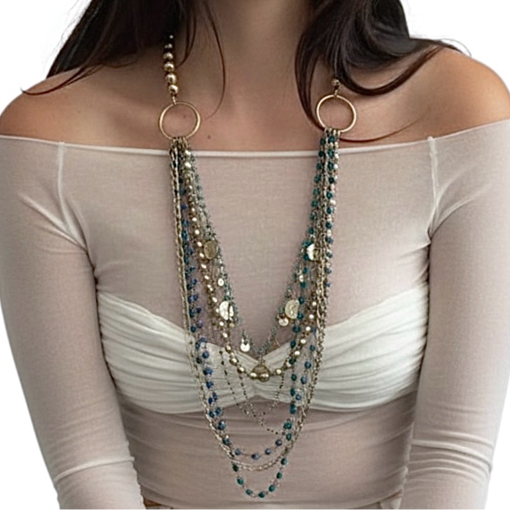 Extra Long Silver-Tone Multi-Strand Blue Beaded Coin Charm Necklace